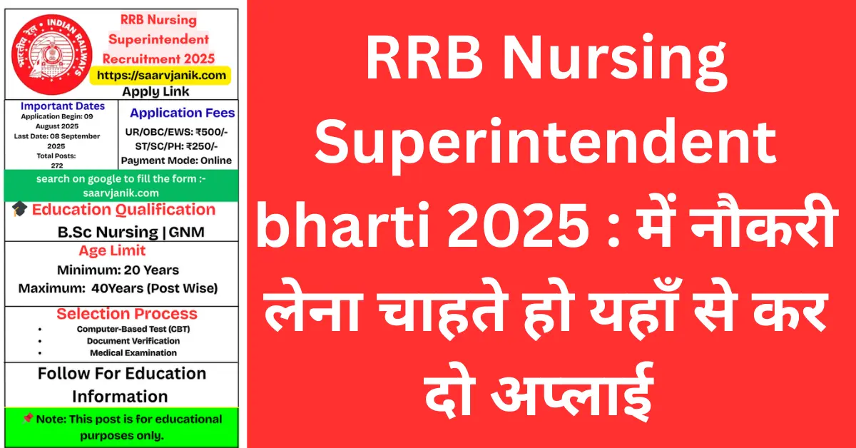 RRB Nursing Superintendent bharti 2025 : में नौकरी लेना चाहते हो यहाँ से कर दो अप्लाई