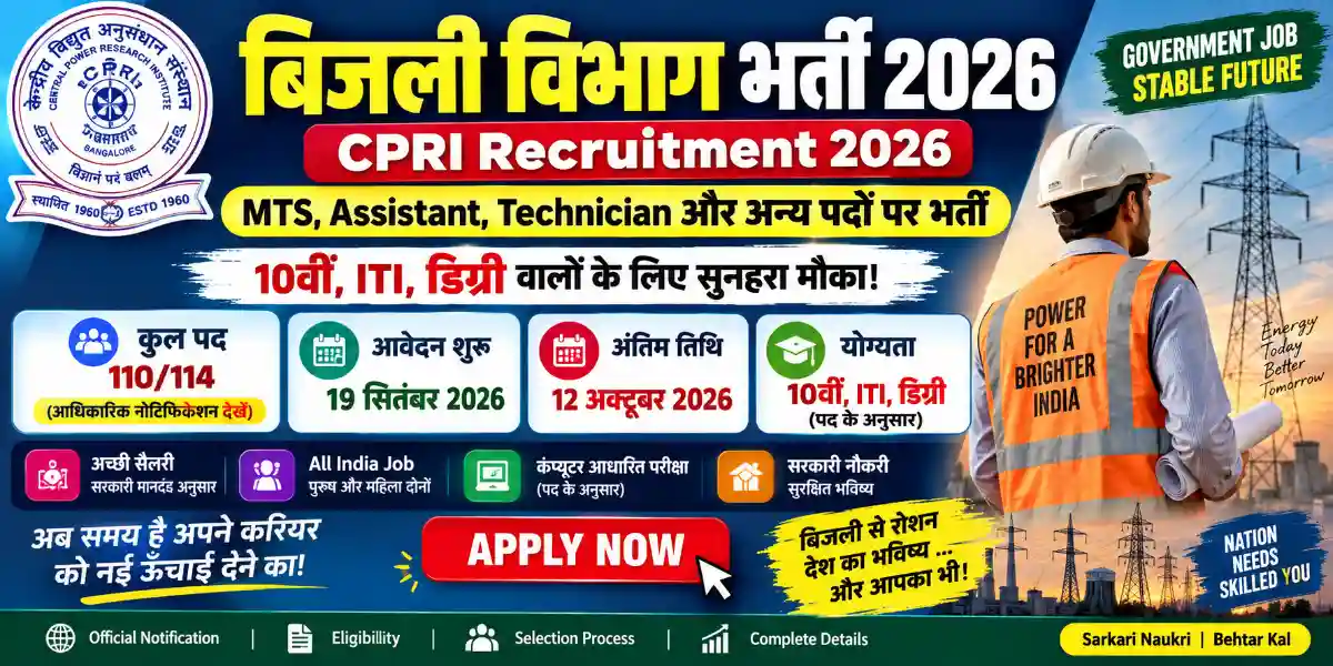 Bijli Vibhag Bharti 2026: 10वीं, ITI, डिग्री वालों के लिए भर्ती, आवेदन शुरू